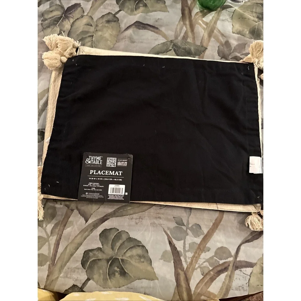 Thyme & Table Black Beige Cotton Metallic Rectangular Placemats 14x19in Set of 3